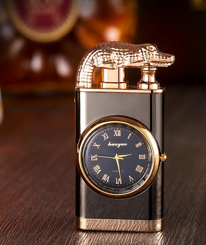 Sandsberg Feuerzeug mit Quarzuhr, Metallstanze, winddichtes Feuerzeug mit blauer Flamme und Alligatorkopf