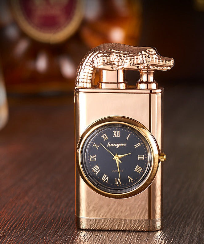 Sandsberg Feuerzeug mit Quarzuhr, Metallstanze, winddichtes Feuerzeug mit blauer Flamme und Alligatorkopf