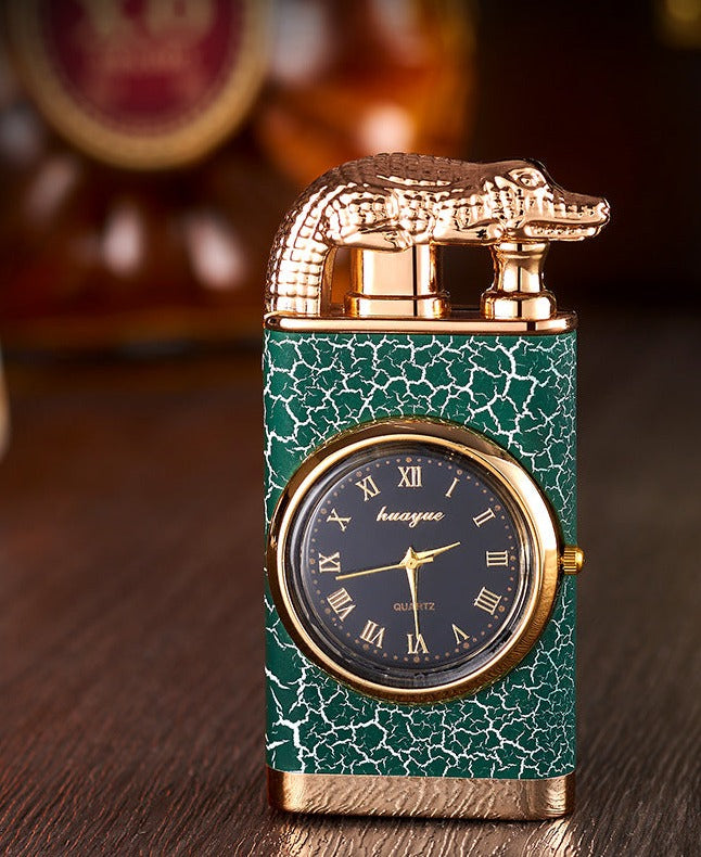 Sandsberg Feuerzeug mit Quarzuhr, Metallstanze, winddichtes Feuerzeug mit blauer Flamme und Alligatorkopf