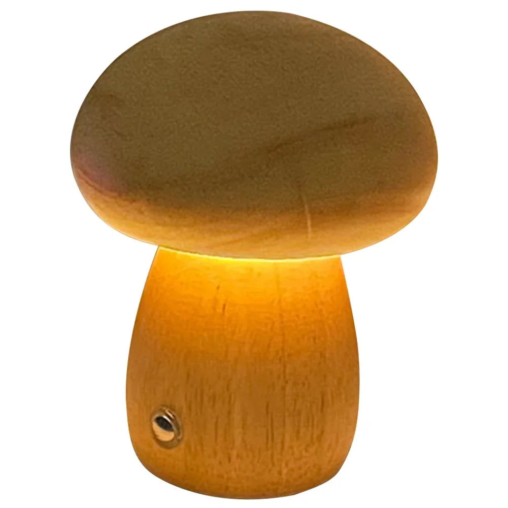 Leuchtende LED-Holzlampe in Pilzform mit hellem Sockel auf weißer Fläche
