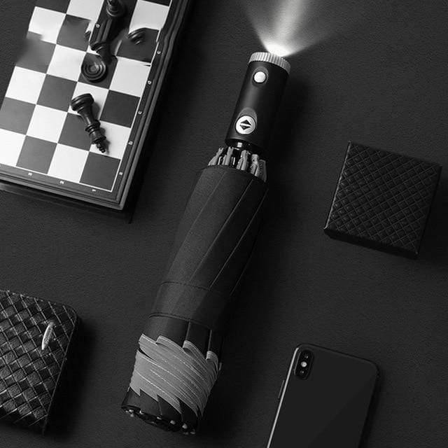 Automatischer Regenschirm mit reflektierendem Streifen, umgekehrter LED-Licht-Regenschirm, dreifach faltbar, invertiert, 10 Rippen, winddichte Regenschirme für Reisen