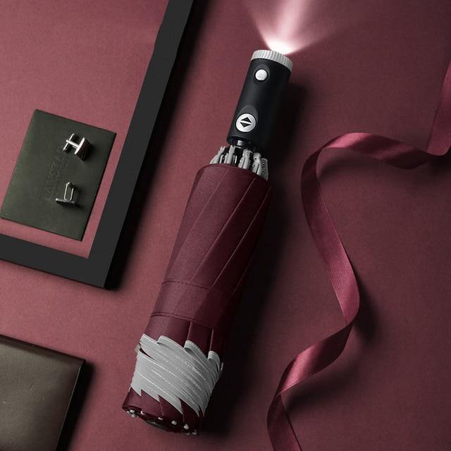 Automatischer Regenschirm mit reflektierendem Streifen, umgekehrter LED-Licht-Regenschirm, dreifach faltbar, invertiert, 10 Rippen, winddichte Regenschirme für Reisen