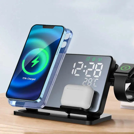 3-in-1 Schnellladestation | Premium Wireless Fast Charging Dockingstation mit Wecker | für Apple iPhone, Watch & AirPods