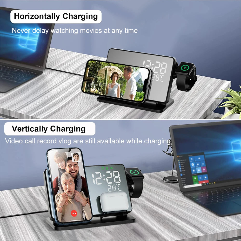 3-in-1 Schnellladestation | Premium Wireless Fast Charging Dockingstation mit Wecker | für Apple iPhone, Watch & AirPods