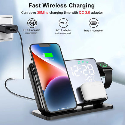 3-in-1 Schnellladestation | Premium Wireless Fast Charging Dockingstation mit Wecker | für Apple iPhone, Watch & AirPods