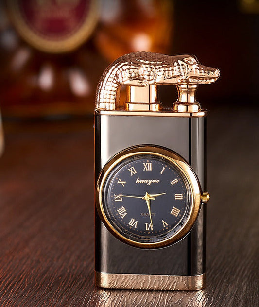 Sandsberg Feuerzeug mit Quarzuhr, Metallstanze, winddichtes Feuerzeug mit blauer Flamme und Alligatorkopf