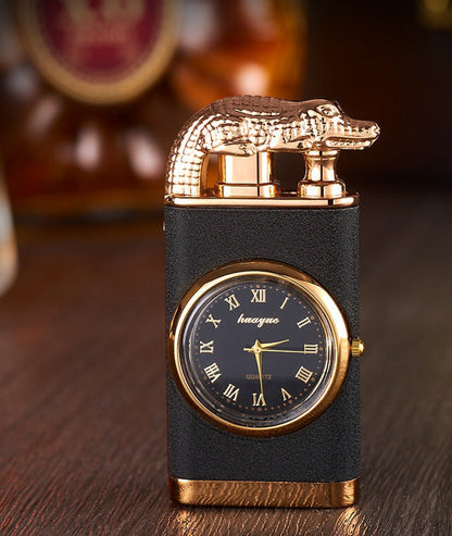 Sandsberg Feuerzeug mit Quarzuhr, Metallstanze, winddichtes Feuerzeug mit blauer Flamme und Alligatorkopf