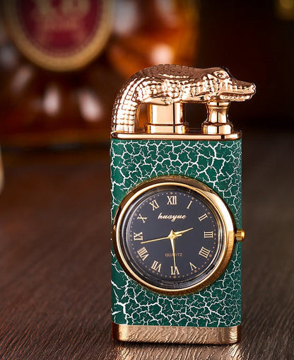 Sandsberg Feuerzeug mit Quarzuhr, Metallstanze, winddichtes Feuerzeug mit blauer Flamme und Alligatorkopf