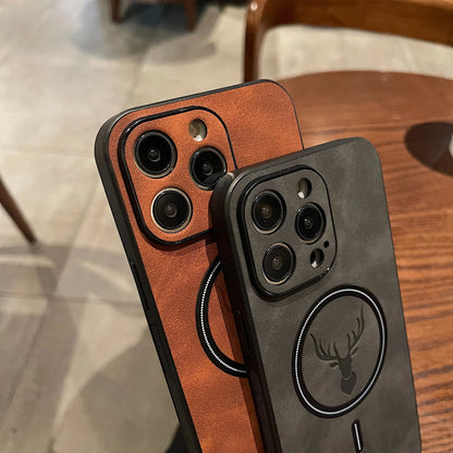 Luxus Hirschleder Apple iPhone Hülle | Magnetische Handyhülle, Kabellose Case, MagSafe, Wireless-Laden, Schutzhülle, Cover iPhone 15, 14, 13 Pro Max Plus