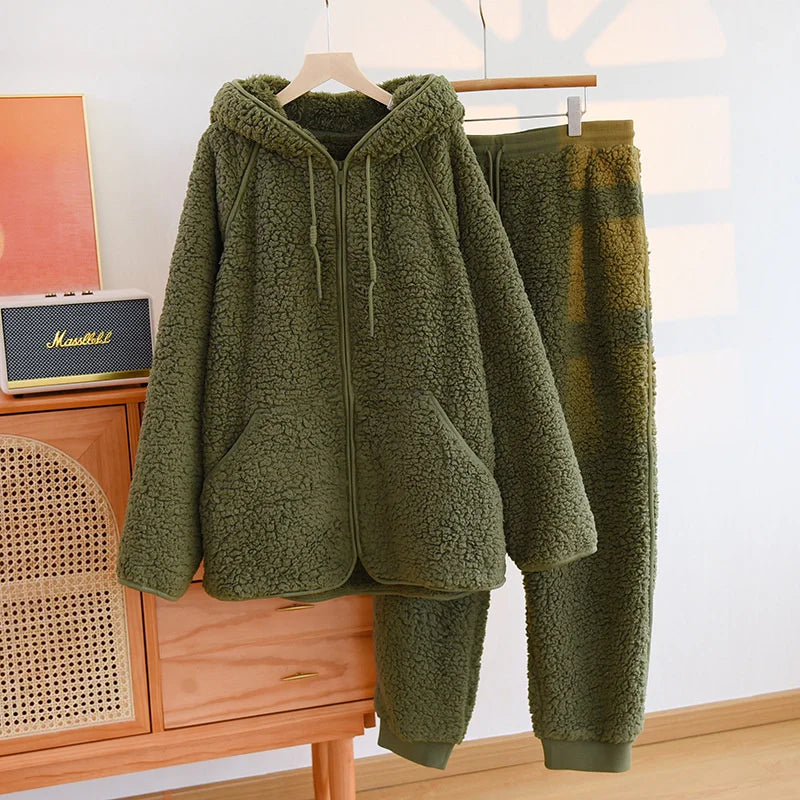 Gemütliches 2-teiliges Coral-Fleece-Set für Herbst und Winter – Warmes Homewear mit Kapuze