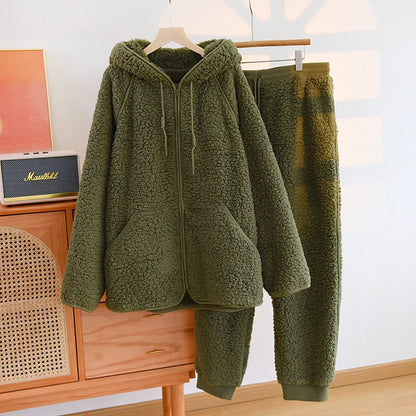 Gemütliches 2-teiliges Coral-Fleece-Set für Herbst und Winter – Warmes Homewear mit Kapuze