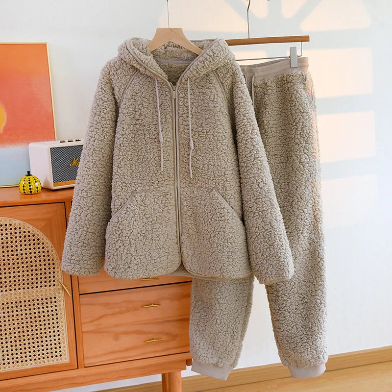 Gemütliches 2-teiliges Coral-Fleece-Set für Herbst und Winter – Warmes Homewear mit Kapuze