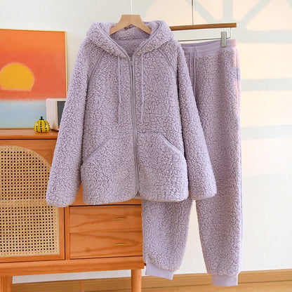 Gemütliches 2-teiliges Coral-Fleece-Set für Herbst und Winter – Warmes Homewear mit Kapuze
