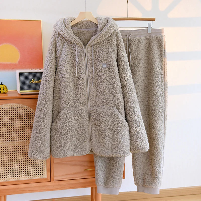 Gemütliches 2-teiliges Coral-Fleece-Set für Herbst und Winter – Warmes Homewear mit Kapuze