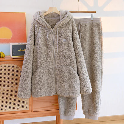 Gemütliches 2-teiliges Coral-Fleece-Set für Herbst und Winter – Warmes Homewear mit Kapuze