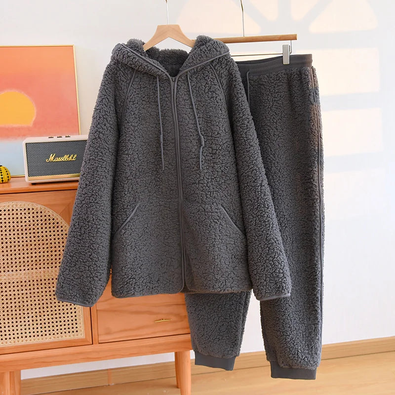 Gemütliches 2-teiliges Coral-Fleece-Set für Herbst und Winter – Warmes Homewear mit Kapuze