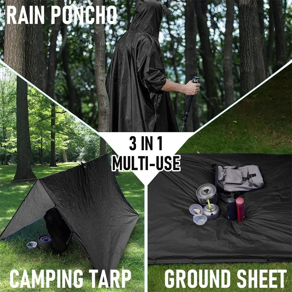 3 in 1 Outdoor Militär Regenmantel - Mit Kapuze wasserdichter Regenponcho mit Ärmeln, Motorrad-Regenabdeckung, ideal für Camping, Wandern und Reisen