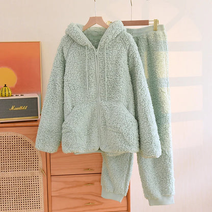 Gemütliches 2-teiliges Coral-Fleece-Set für Herbst und Winter – Warmes Homewear mit Kapuze