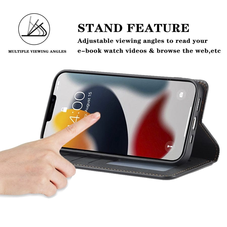 Lederhülle für iPhone 15 mit Brieftaschenformat | Magnetische Klapphülle mit Kartenfächern