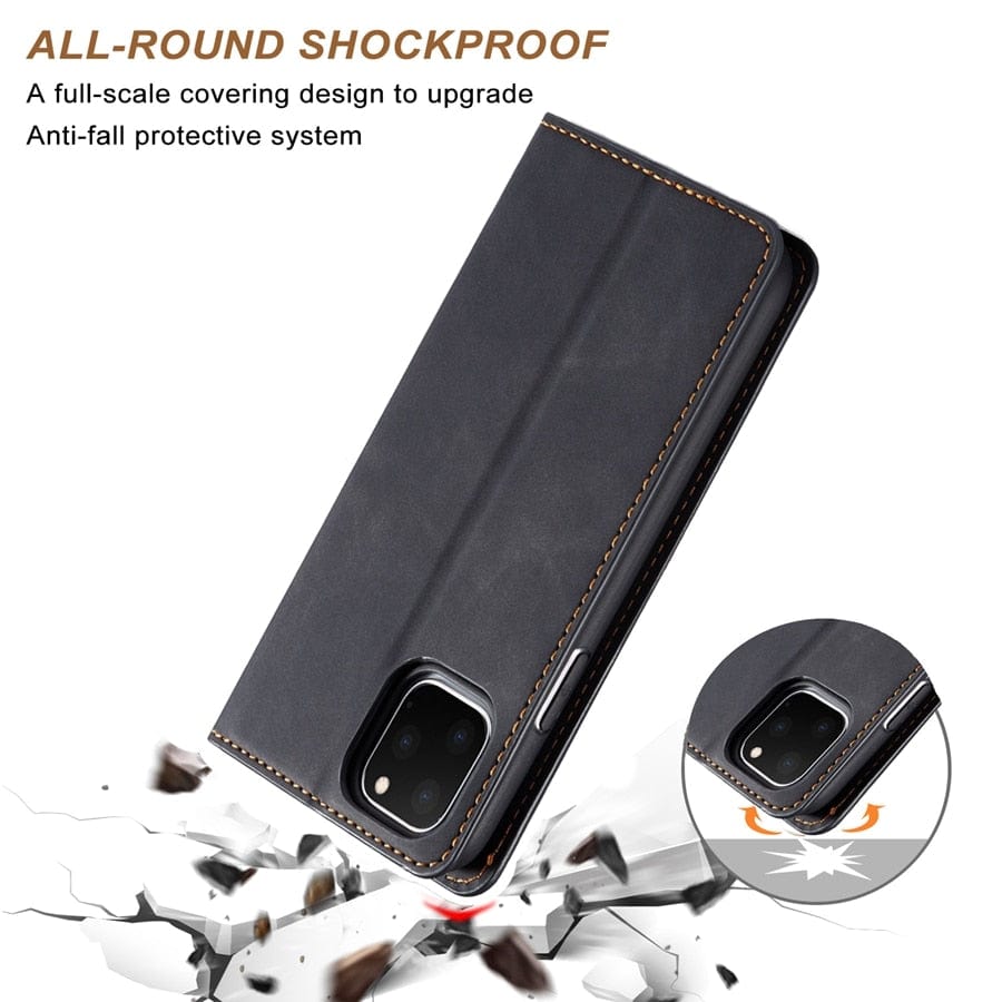 Lederhülle für iPhone 15 mit Brieftaschenformat | Magnetische Klapphülle mit Kartenfächern