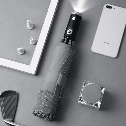 Automatischer Regenschirm mit reflektierendem Streifen, umgekehrter LED-Licht-Regenschirm, dreifach faltbar, invertiert, 10 Rippen, winddichte Regenschirme für Reisen