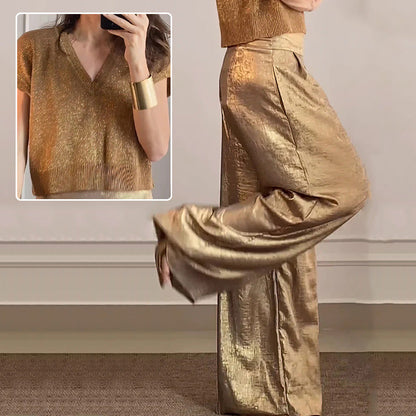 🔥Glänzende Strickjacke und weite Hose für Damen im 2er-Set.