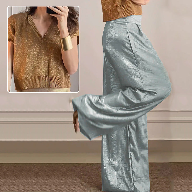 🔥Glänzende Strickjacke und weite Hose für Damen im 2er-Set.