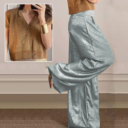 🔥Glänzende Strickjacke und weite Hose für Damen im 2er-Set.