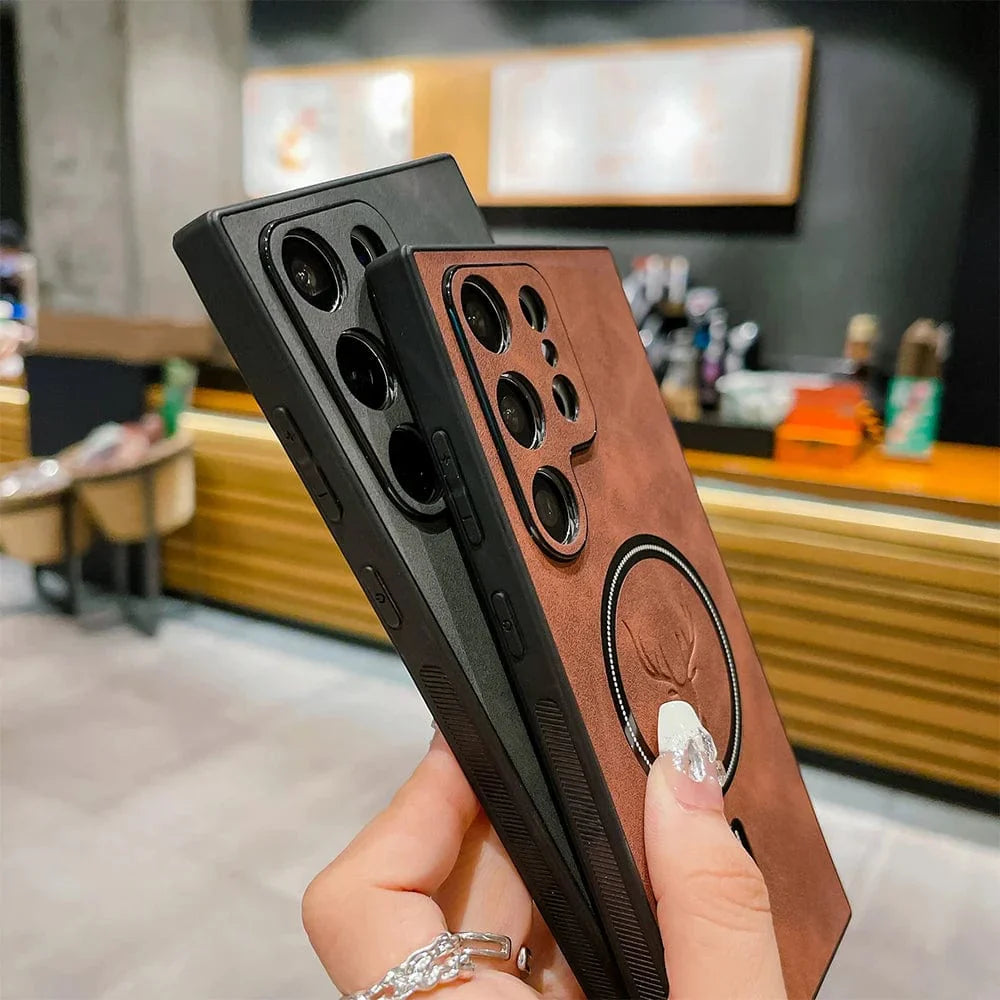 Lederhülle für Samsung-Telefon | Magnetische kabellose Ladehülle